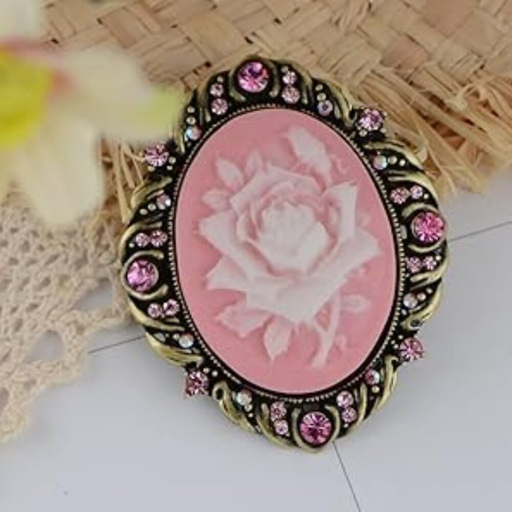 Beautiful Cameo Brooch Pin‎ Pink Rose Victorian